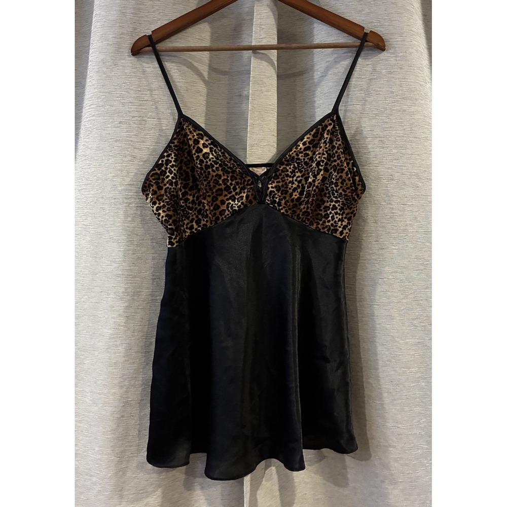 Angelique Vintage Leopard Print Satin Slip Chemise Black Brown 73577RZ Medium